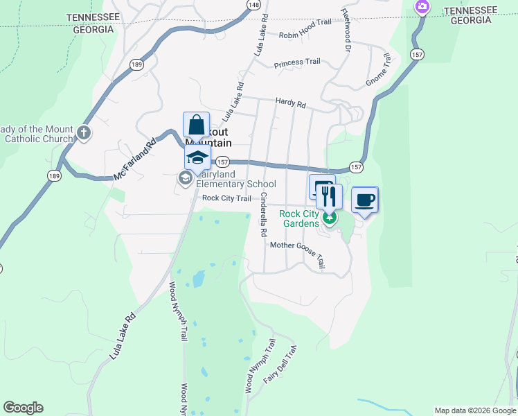 map of restaurants, bars, coffee shops, grocery stores, and more near 1402 Cinderella Rd in Lookout Mountain