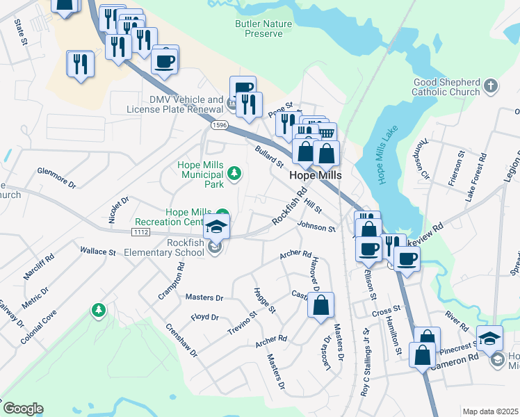 map of restaurants, bars, coffee shops, grocery stores, and more near 5720 Hilltop Street in Hope Mills