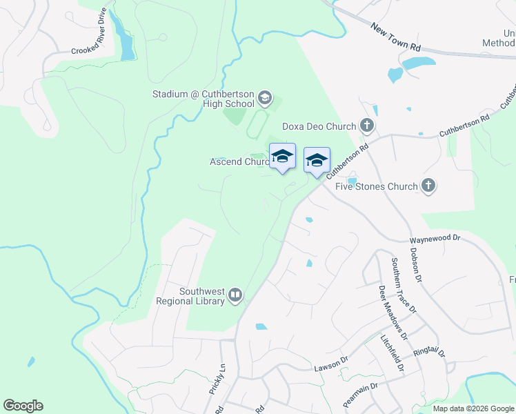 map of restaurants, bars, coffee shops, grocery stores, and more near 1520 Cuthbertson Road in Waxhaw