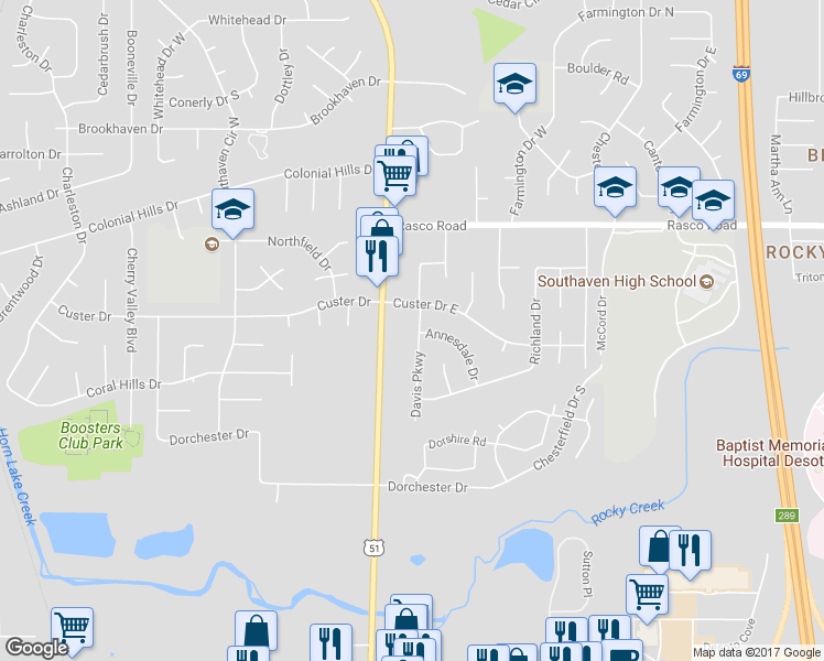 map of restaurants, bars, coffee shops, grocery stores, and more near 7787 Davis Parkway in Southaven