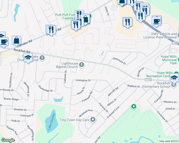 map of restaurants, bars, coffee shops, grocery stores, and more near 3540 Chaucer Drive in Hope Mills