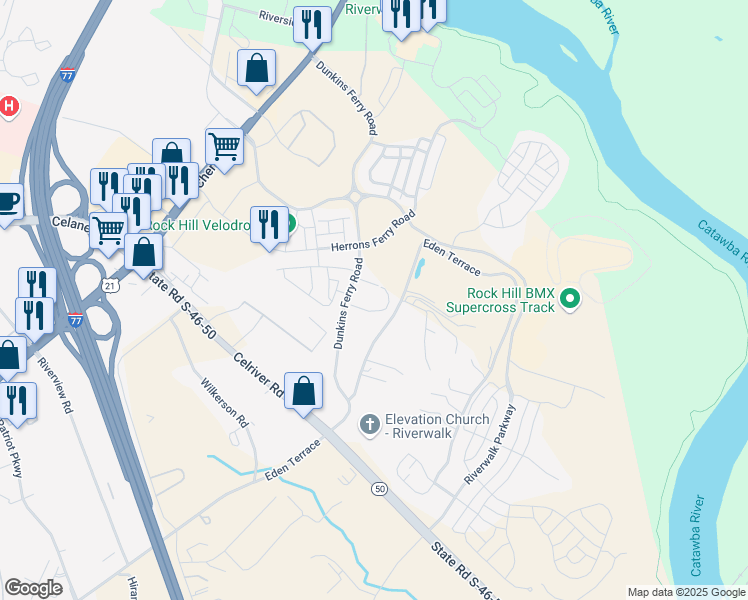 map of restaurants, bars, coffee shops, grocery stores, and more near 749 Dunkins Ferry Road in Rock Hill
