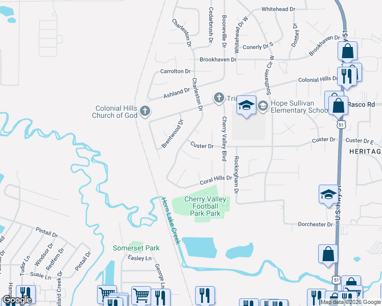 map of restaurants, bars, coffee shops, grocery stores, and more near 2192 Holbrook Cove in Southaven