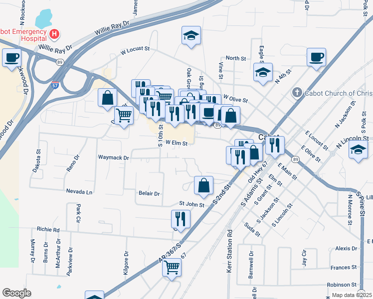 map of restaurants, bars, coffee shops, grocery stores, and more near 807 West Elm Street in Cabot