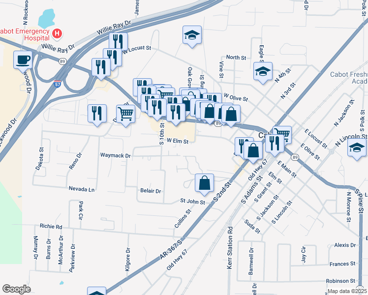 map of restaurants, bars, coffee shops, grocery stores, and more near 807 West Elm Street in Cabot