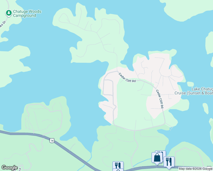 map of restaurants, bars, coffee shops, grocery stores, and more near 1714 Chatuge Shores in Hiawassee