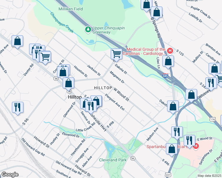 map of restaurants, bars, coffee shops, grocery stores, and more near 294 West Wood Street in Spartanburg
