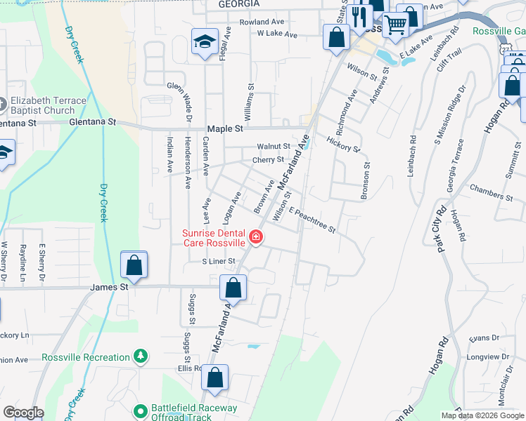 map of restaurants, bars, coffee shops, grocery stores, and more near 1009 McFarland Avenue in Rossville