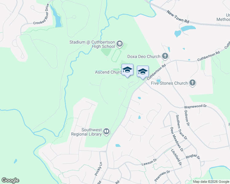 map of restaurants, bars, coffee shops, grocery stores, and more near 1520 Cuthbertson Road in Waxhaw