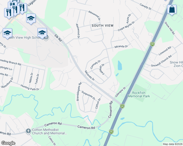 map of restaurants, bars, coffee shops, grocery stores, and more near 806 Connaly Drive in Hope Mills
