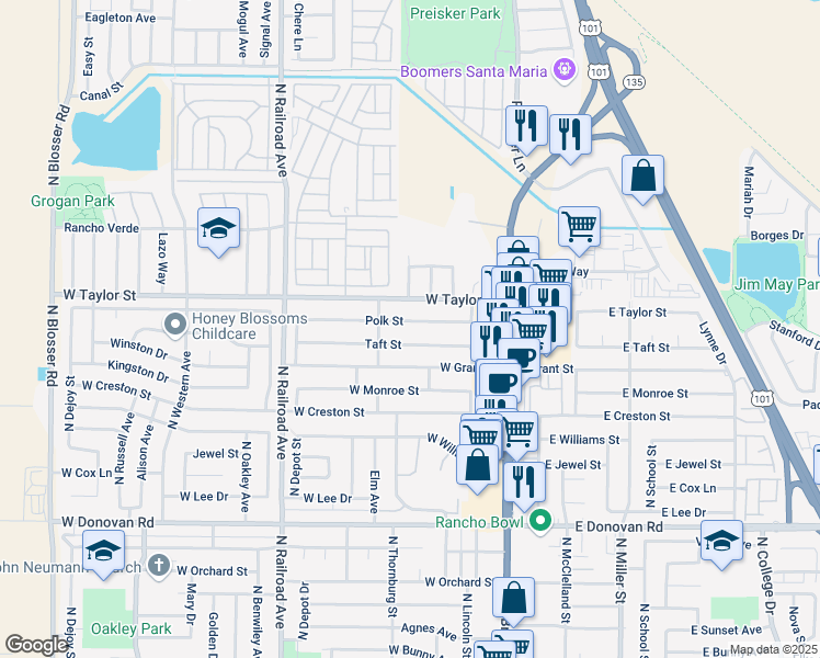 map of restaurants, bars, coffee shops, grocery stores, and more near 318 Polk Street in Santa Maria