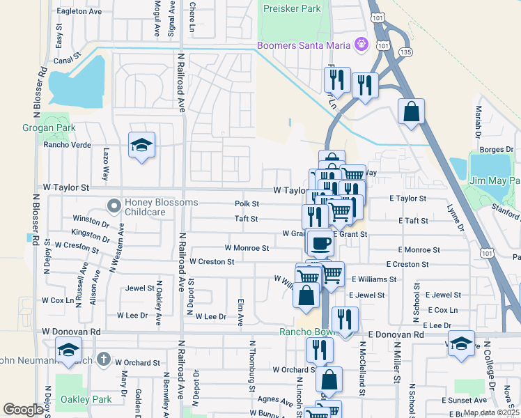 map of restaurants, bars, coffee shops, grocery stores, and more near 318 Polk Street in Santa Maria