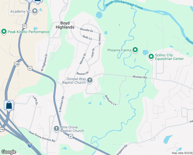 map of restaurants, bars, coffee shops, grocery stores, and more near 454 Wooten Road in Ringgold