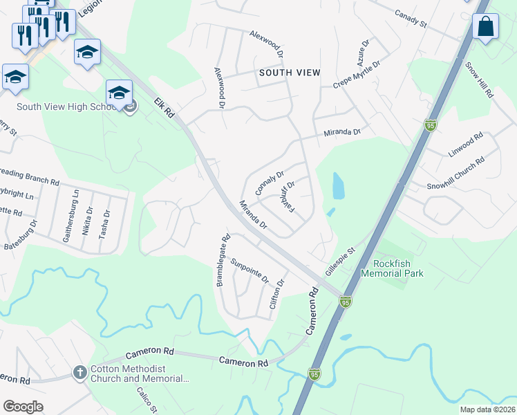 map of restaurants, bars, coffee shops, grocery stores, and more near 806 Connaly Dr in Hope Mills