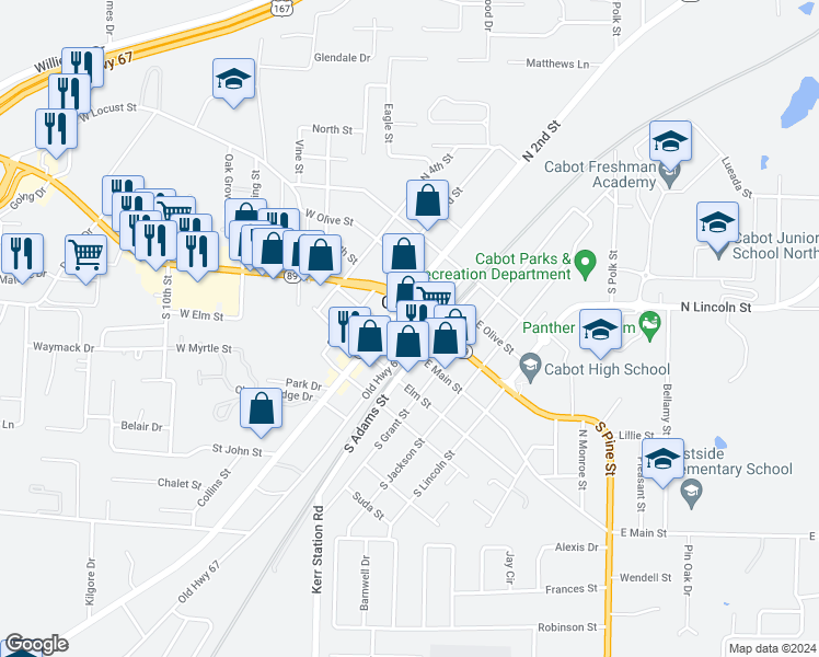 map of restaurants, bars, coffee shops, grocery stores, and more near 110 North 1st Street in Cabot