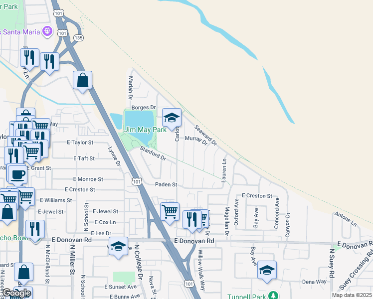 map of restaurants, bars, coffee shops, grocery stores, and more near 1850 Melanie Court in Santa Maria