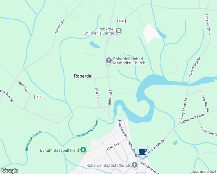 map of restaurants, bars, coffee shops, grocery stores, and more near 1219 Roberdell Road in Rockingham
