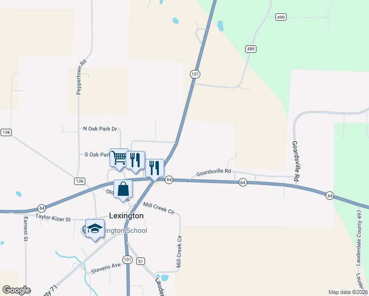 map of restaurants, bars, coffee shops, grocery stores, and more near 12280 Alabama 101 in Lexington