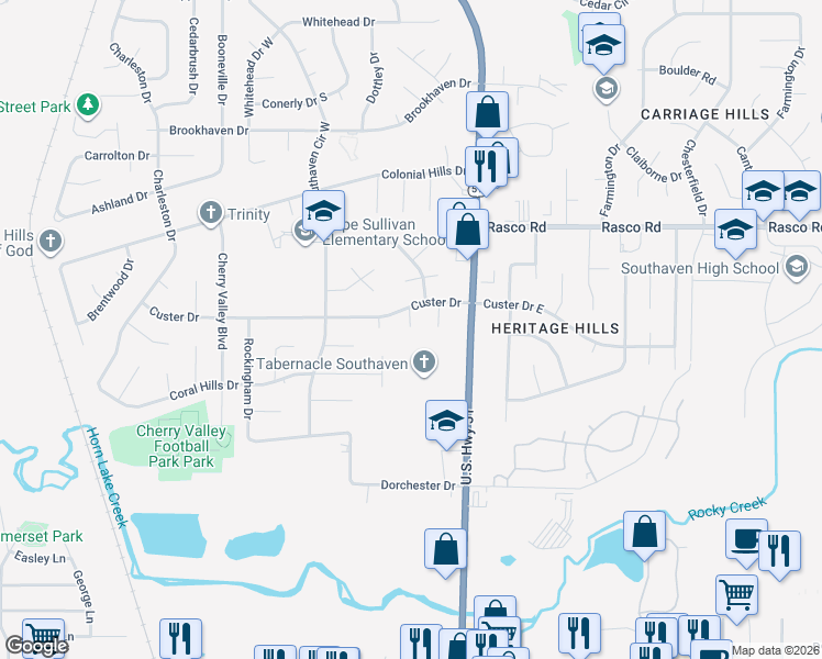 map of restaurants, bars, coffee shops, grocery stores, and more near 7784 Andover Cove in Southaven