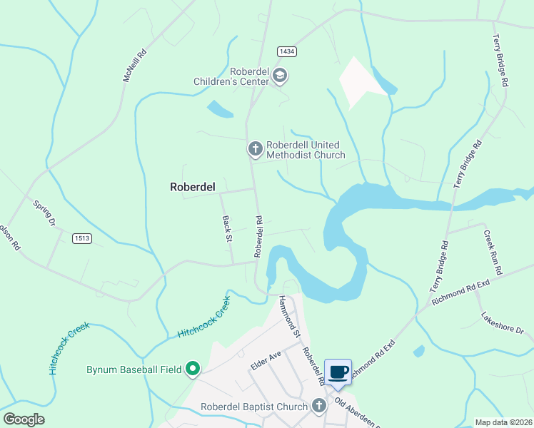 map of restaurants, bars, coffee shops, grocery stores, and more near 1219 Roberdell Road in Rockingham