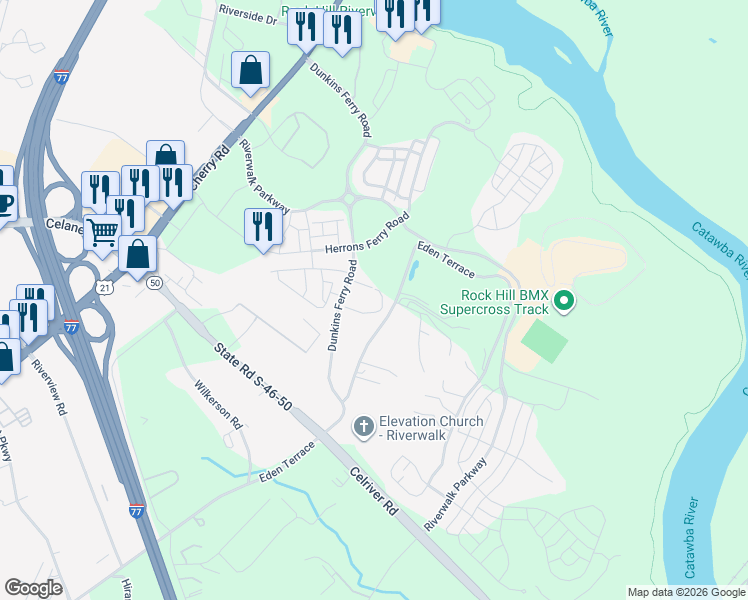 map of restaurants, bars, coffee shops, grocery stores, and more near 749 Dunkins Ferry Road in Rock Hill