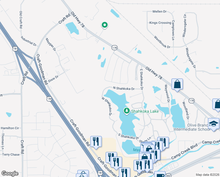 map of restaurants, bars, coffee shops, grocery stores, and more near 7865 North Shahkoka Drive in Olive Branch