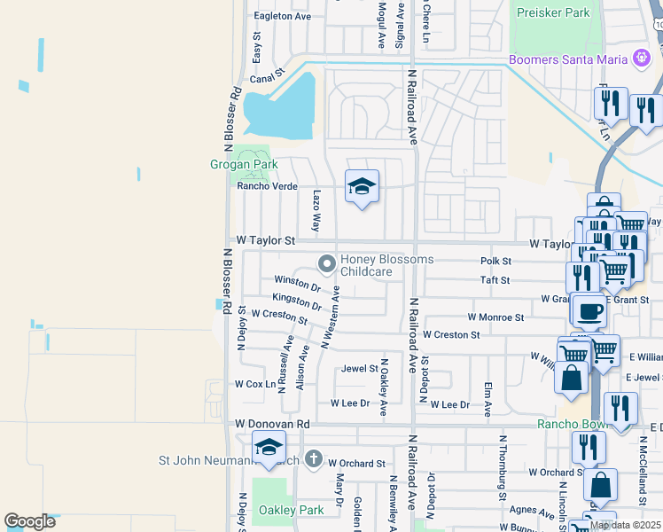 map of restaurants, bars, coffee shops, grocery stores, and more near 1009 Colebrook Drive in Santa Maria