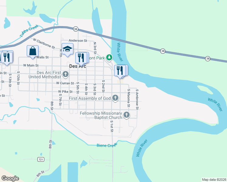 map of restaurants, bars, coffee shops, grocery stores, and more near 311 South 1st Street in Des Arc