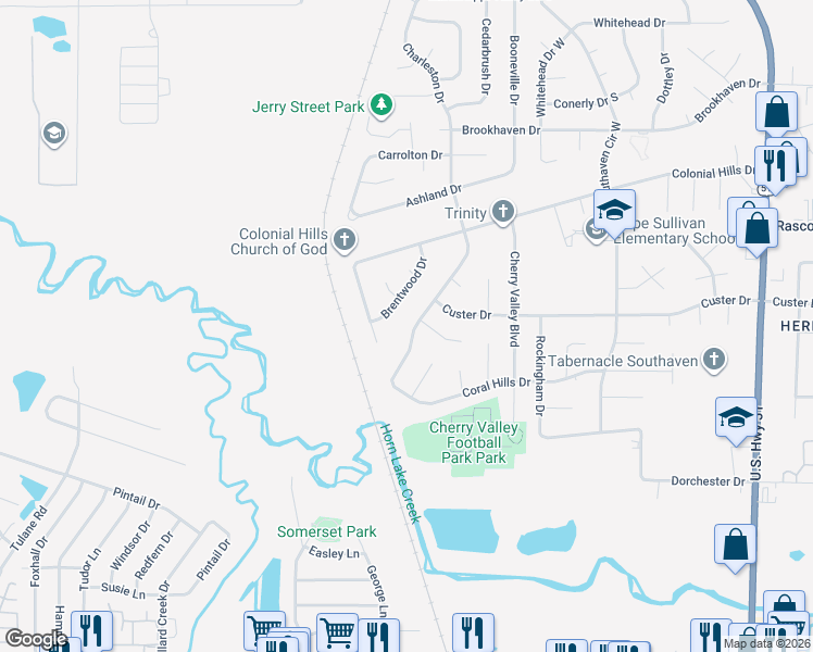 map of restaurants, bars, coffee shops, grocery stores, and more near 7783 Charleston Drive in Southaven