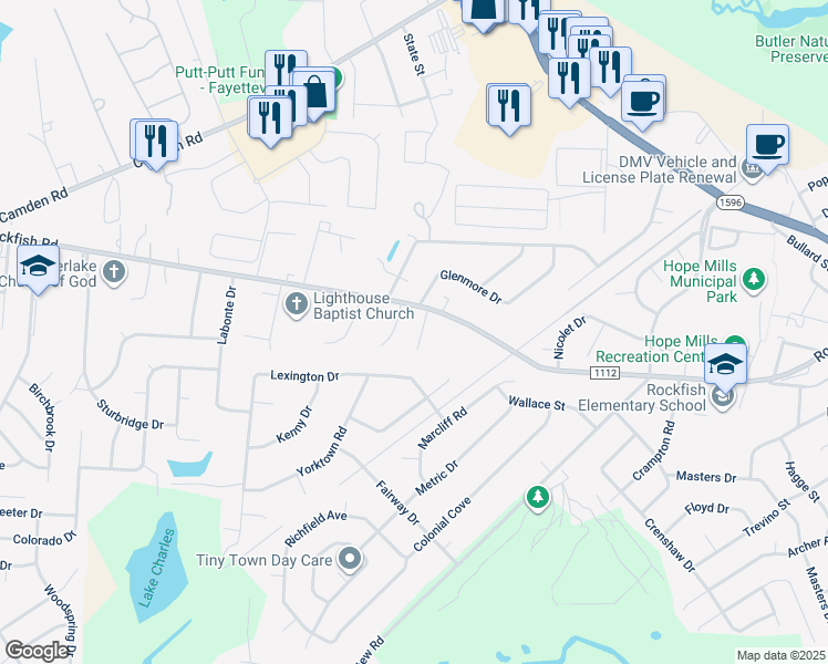 map of restaurants, bars, coffee shops, grocery stores, and more near 3517 Rittenour Drive in Hope Mills