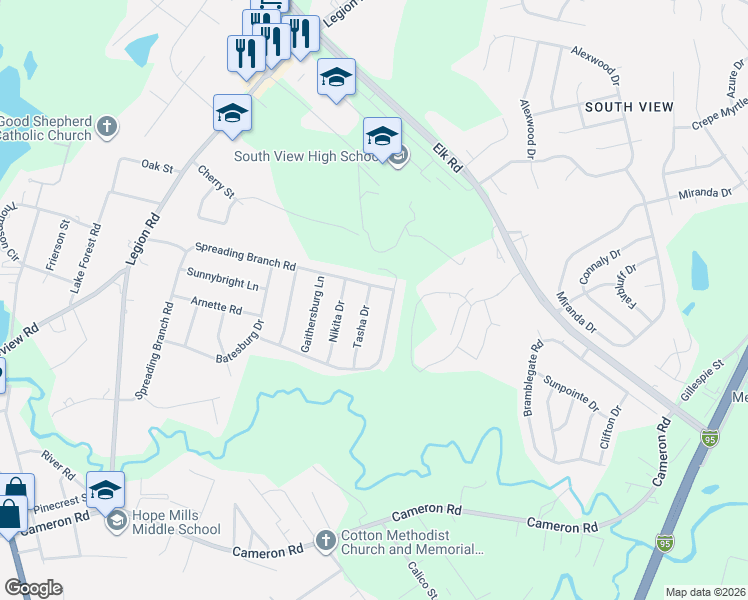 map of restaurants, bars, coffee shops, grocery stores, and more near 3909 Tasha Dr in Hope Mills