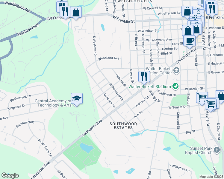 map of restaurants, bars, coffee shops, grocery stores, and more near 1301 Virginia Avenue in Monroe