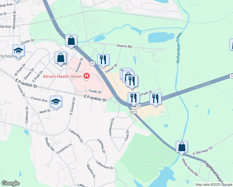 map of restaurants, bars, coffee shops, grocery stores, and more near 801 East Roosevelt Boulevard in Monroe