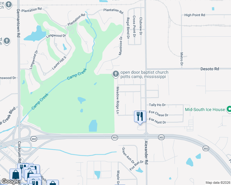 map of restaurants, bars, coffee shops, grocery stores, and more near 7777 Meadow Ridge Lane in Olive Branch