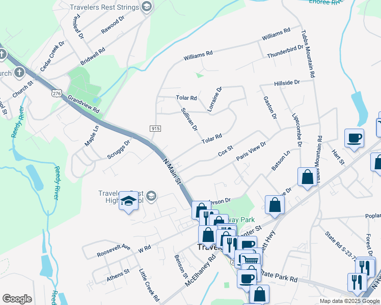 map of restaurants, bars, coffee shops, grocery stores, and more near 20 State Road S-23-933 in Travelers Rest