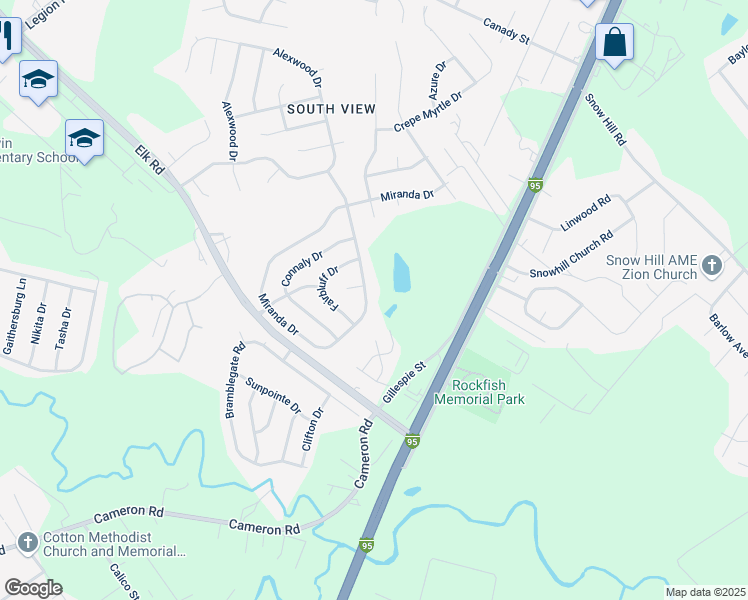 map of restaurants, bars, coffee shops, grocery stores, and more near 5017 Miranda Drive in Hope Mills