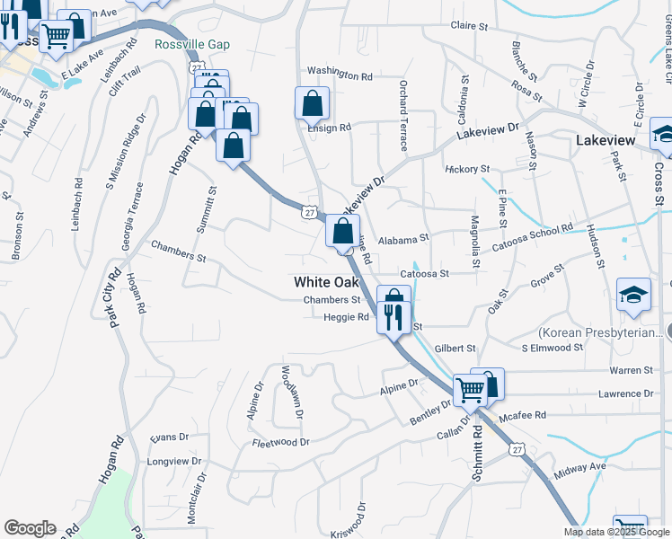 map of restaurants, bars, coffee shops, grocery stores, and more near 123 Grayson Street in Rossville