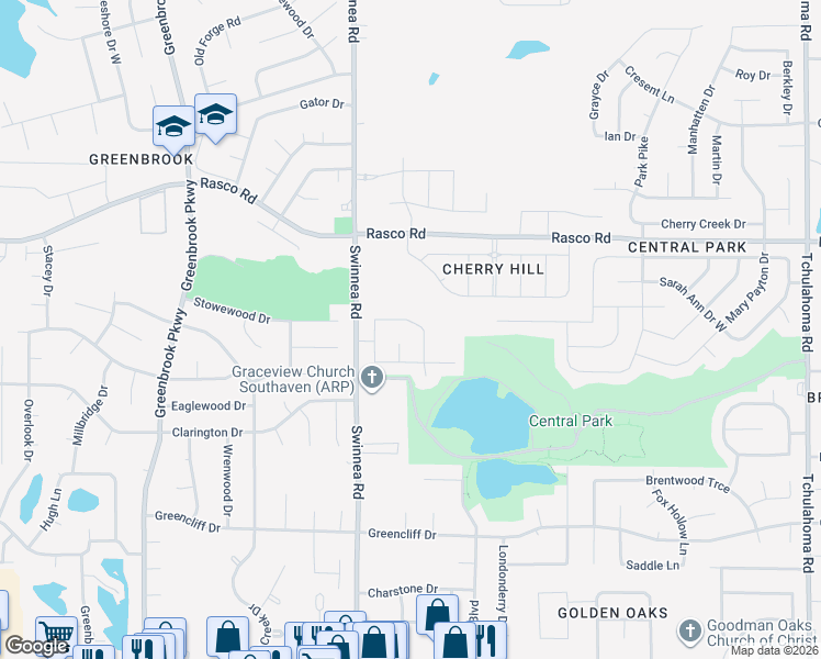 map of restaurants, bars, coffee shops, grocery stores, and more near 1127 Parkview Circle South in Southaven