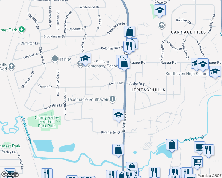 map of restaurants, bars, coffee shops, grocery stores, and more near 7784 Andover Cove in Southaven