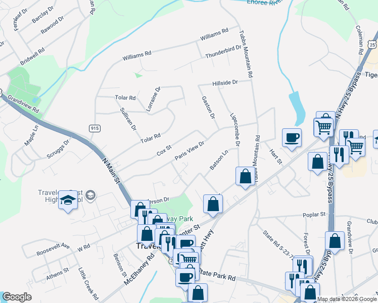 map of restaurants, bars, coffee shops, grocery stores, and more near 110 Paris View Drive in Travelers Rest