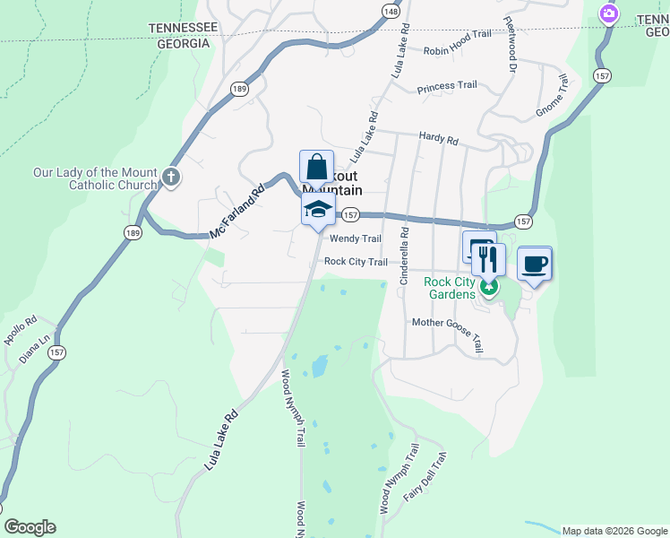 map of restaurants, bars, coffee shops, grocery stores, and more near 209 1/2 Rock City Trail in Lookout Mountain