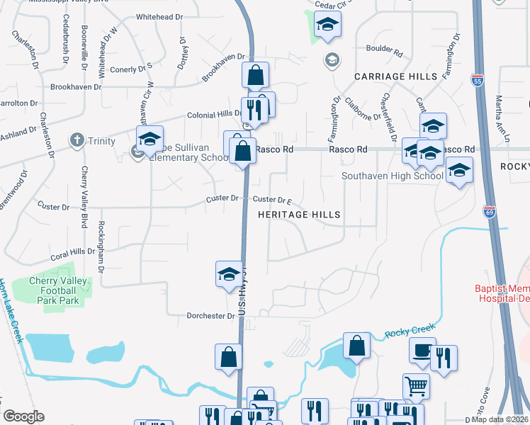 map of restaurants, bars, coffee shops, grocery stores, and more near 7787 Davis Parkway in Southaven
