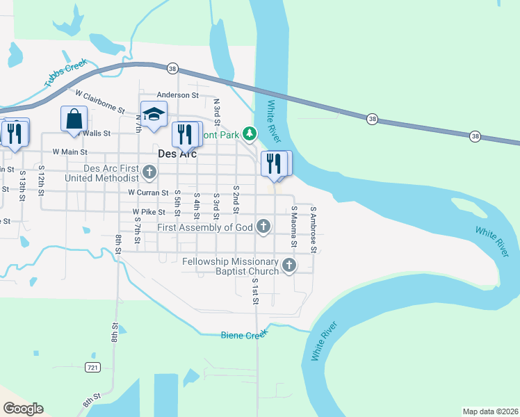 map of restaurants, bars, coffee shops, grocery stores, and more near 311 1st Street in Des Arc