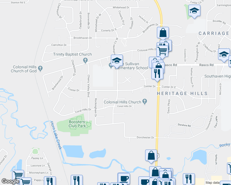 map of restaurants, bars, coffee shops, grocery stores, and more near 7691 Southaven Circle West in Southaven