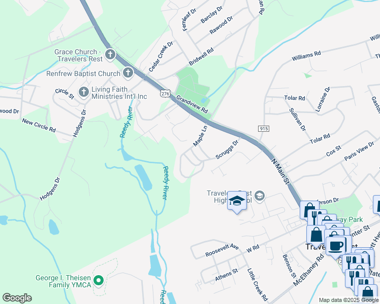 map of restaurants, bars, coffee shops, grocery stores, and more near 1 Maple Lane in Travelers Rest