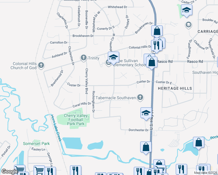 map of restaurants, bars, coffee shops, grocery stores, and more near 1839 Custer Drive in Southaven