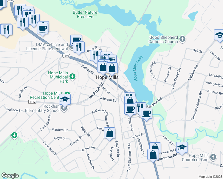 map of restaurants, bars, coffee shops, grocery stores, and more near 3526 Bullard Street in Hope Mills