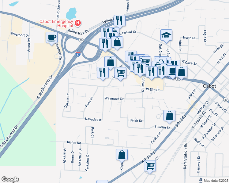 map of restaurants, bars, coffee shops, grocery stores, and more near 31 Dale Drive in Cabot