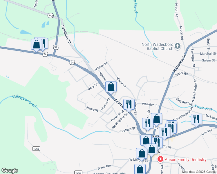 map of restaurants, bars, coffee shops, grocery stores, and more near 702 Salisbury Street in Wadesboro