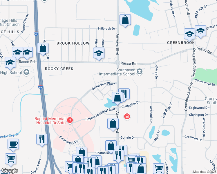 map of restaurants, bars, coffee shops, grocery stores, and more near 7705 Faulkner Lane in Southaven